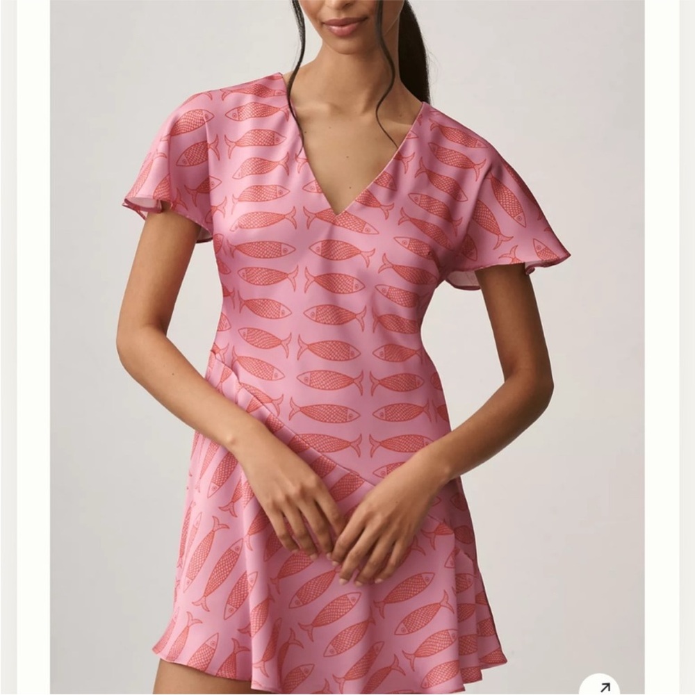 ANTHROPOLOGIE summer dress Pink Red Fish Sardine print XXS 0